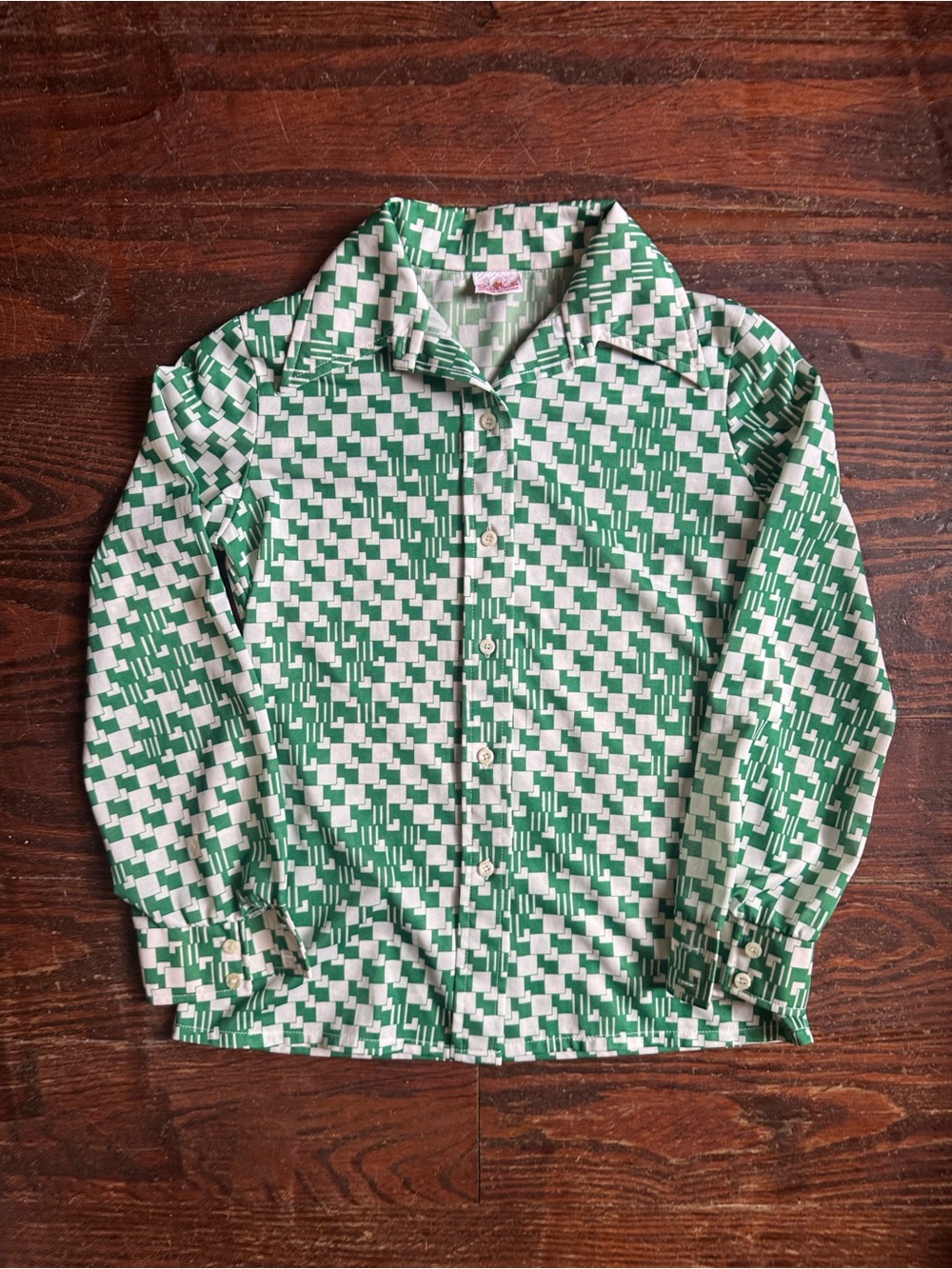 VTG 70’s Bodin Knits Green/White Geometric Print Polyester Button Down Top 12